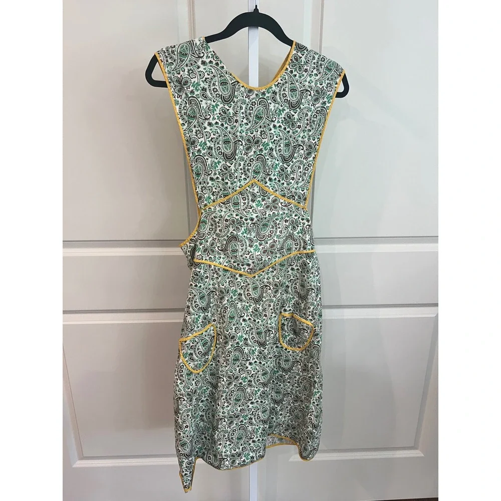 Vintage Handmade Paisley Pinafore Apron Green Yellow Piping Cottagecore Smock